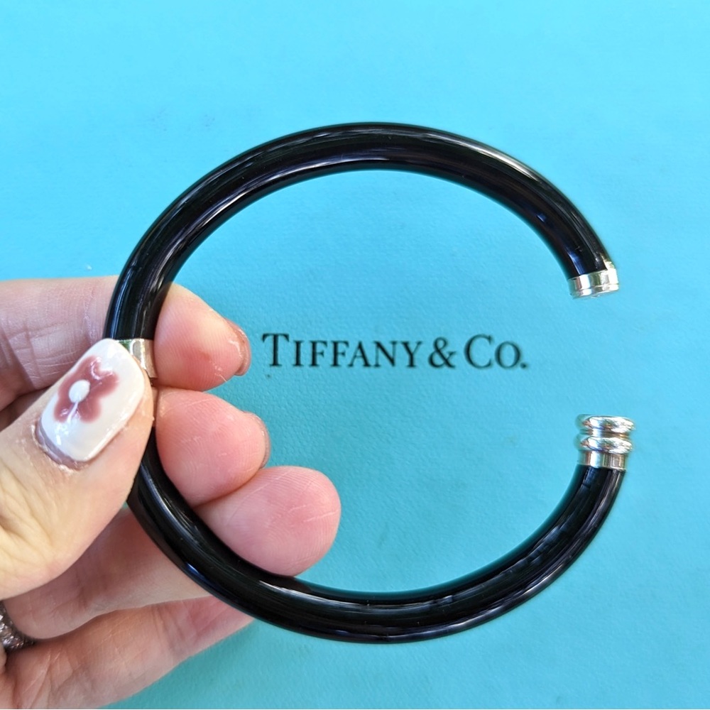EXTREMELY RARE Tiffany & Co Black Enamel Silver Hinge Cuff Bangle Bracelet